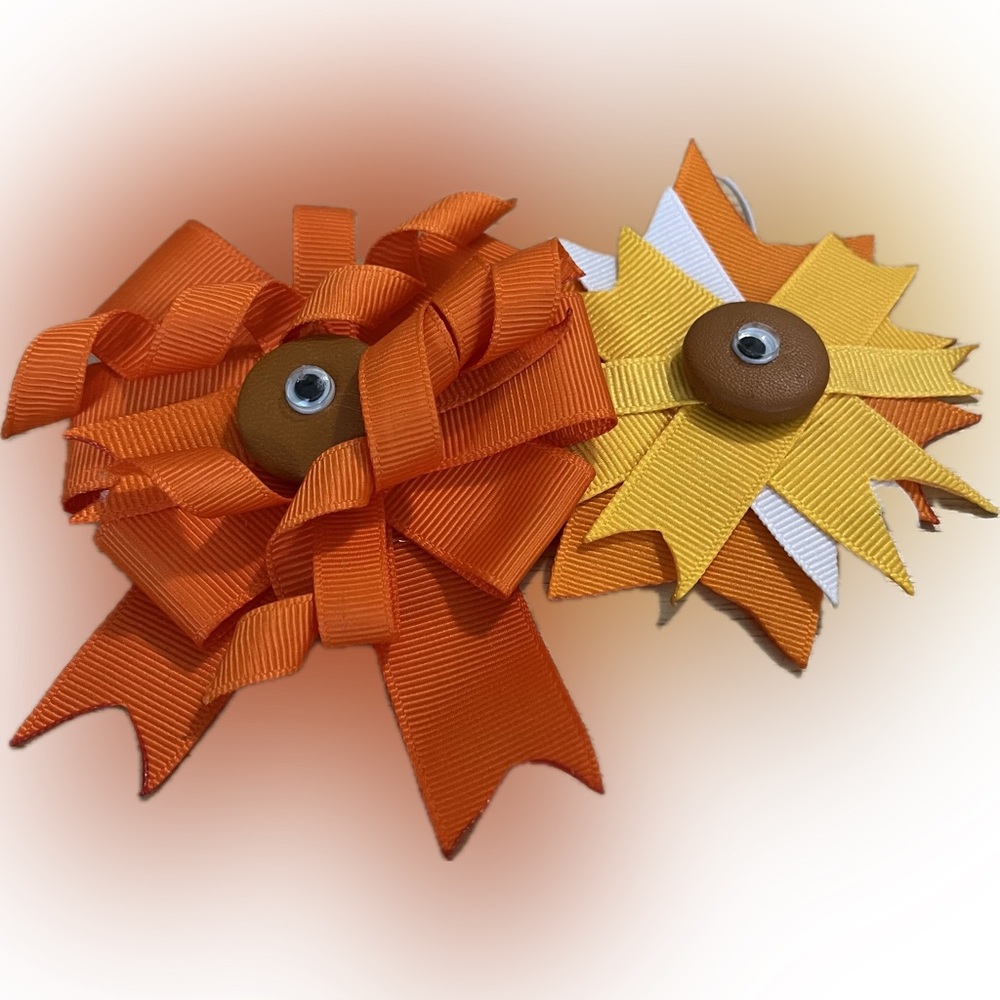 Set of 2 handmade hair bows orange yellow white google eyes autumn fall